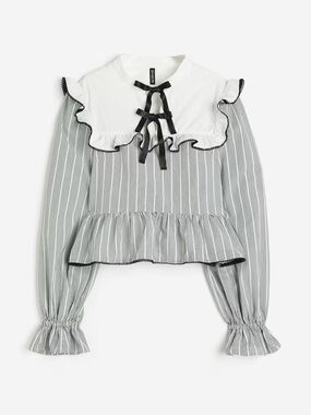 H&M Tie-Detail Frill Trimmed Ruffle Bib Bow Black & White Striped Blouse